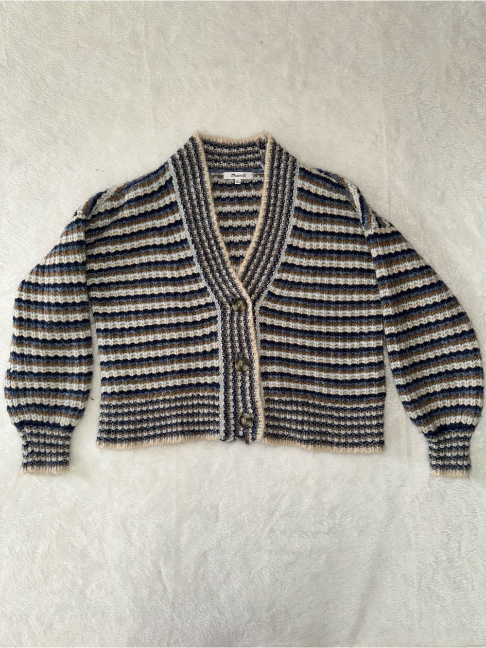 Madewell Striped Knit Cardigan - Blue, Gray & Cream